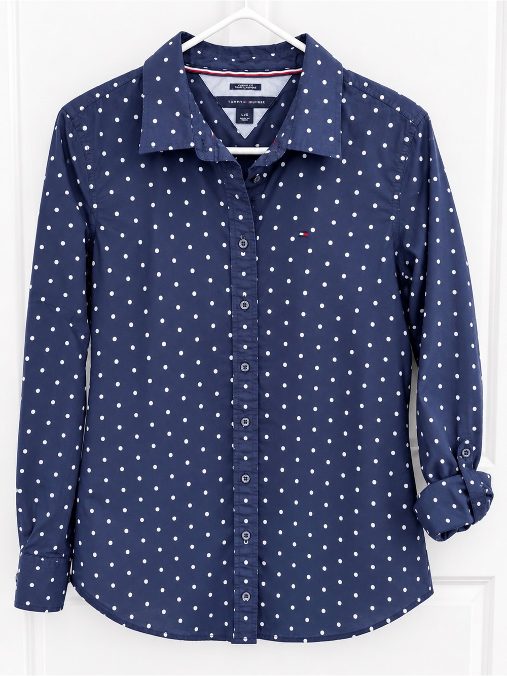 Tommy Hilfiger Women’s L Navy Polka Dot Button Down Shirt Classic Fit